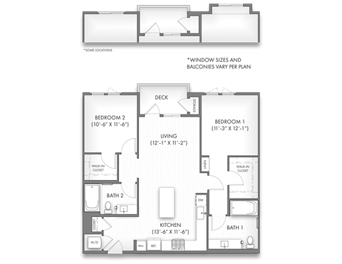 Floor plan for 2 beds, 2 baths, 1074 sqft